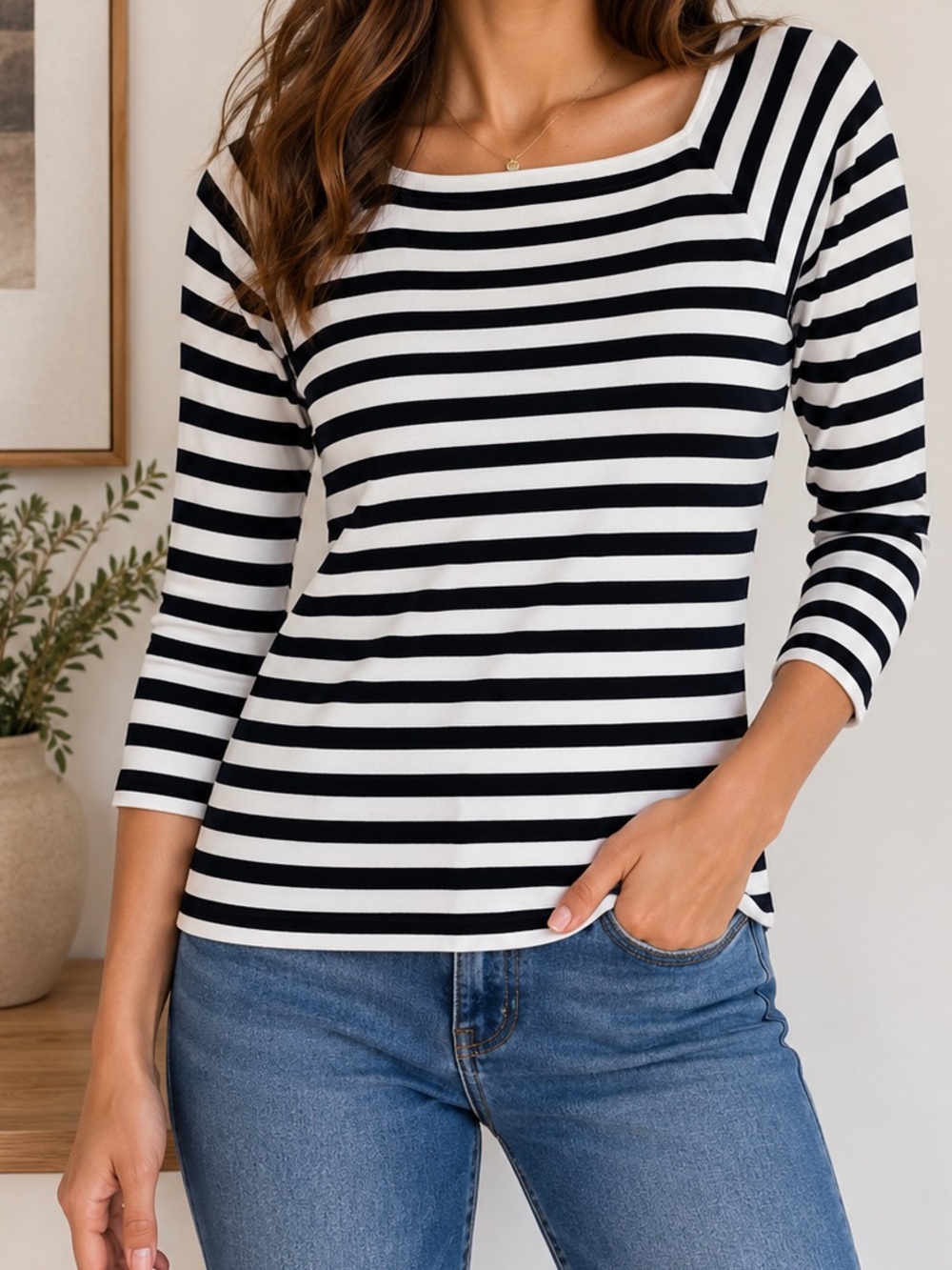Dillard’s Preston & York Black White Striped Knit Top Square Neck 3/4 Sleeve